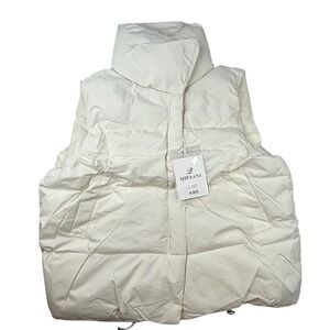 Women Cream Puffer Vest High Neck Quilted Qiesani Size Medium pockets zip